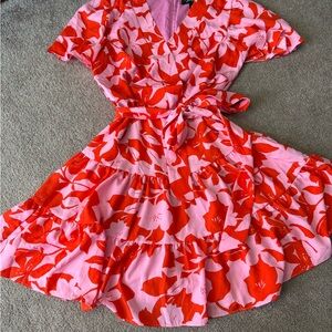 Floral Wrap Mini Dress - Pink and Red